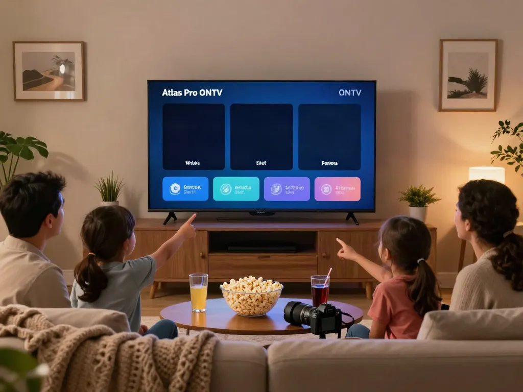 La famille profite de l'application Atlas Pro ONTV sur une smart TV pendant une soirée cinéma.