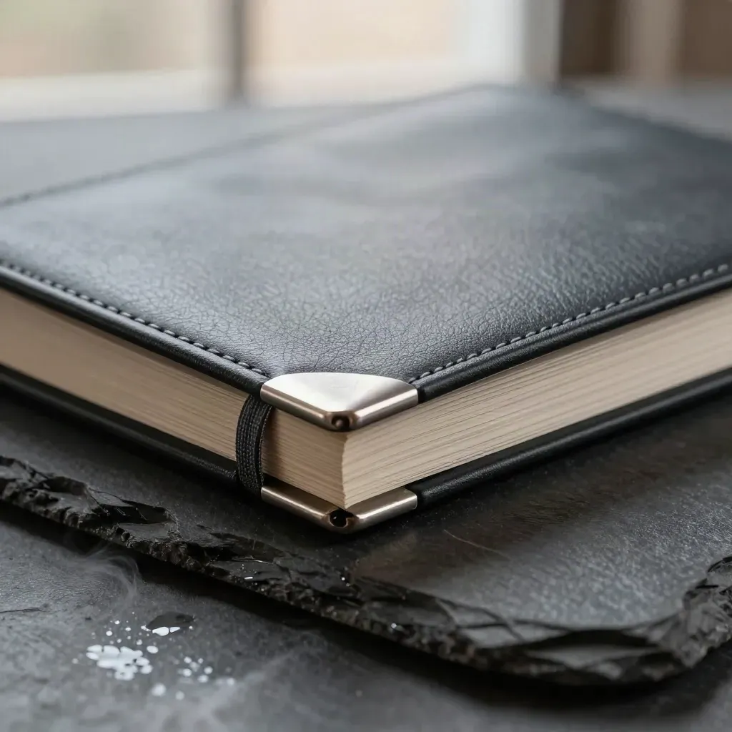 Portefeuille graphite sur pierre humide, coin métal, ruban sombre, brume légère.