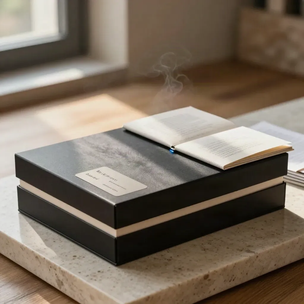 Coffret d’abonnement noir mat, carte crème et deux livrets sur pierre et bois, lumière douce.