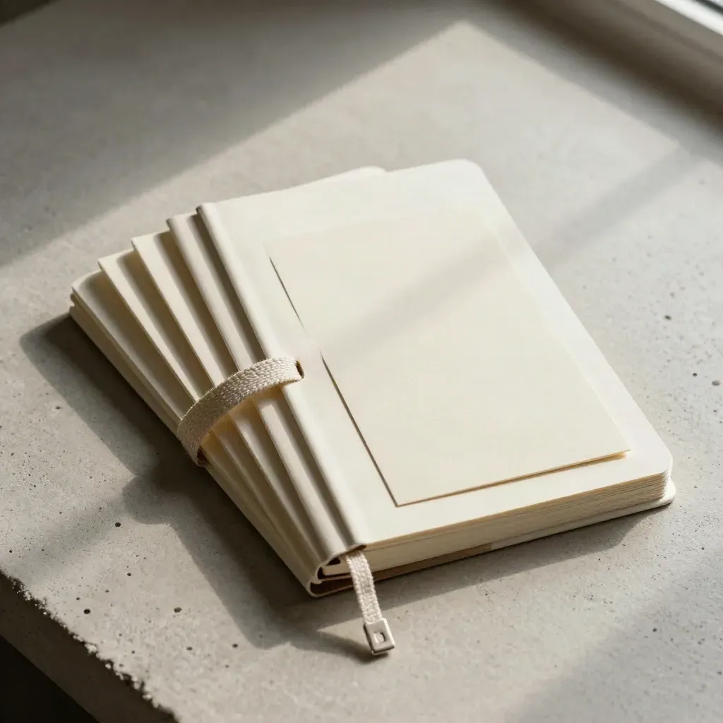 Flatlay de notes crème, carnet fermé, feuillets épais et marque-page textile sur dalle claire.