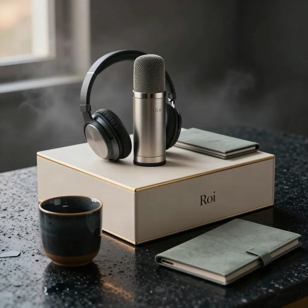 Coffret ivoire premium avec casque, micro, tasse et étuis sur travertin humide, lumière dramatique.