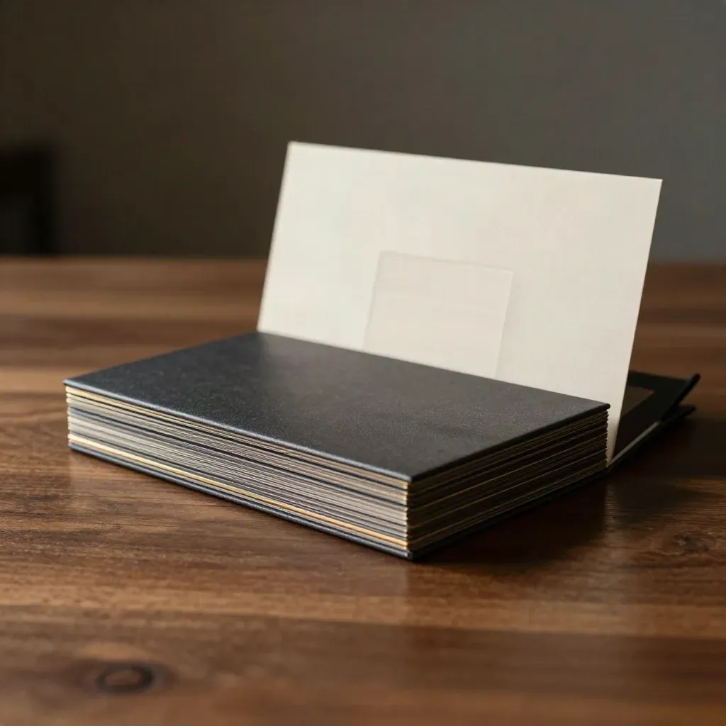 Coffret sombre de masterclass conversion, tranche dorée et cartes compactes sur fond chaleureux.