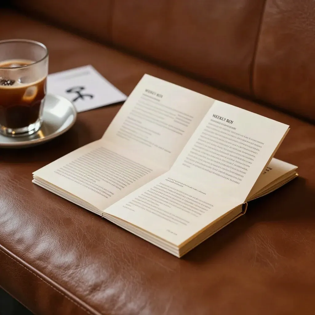 Livret newsletter ROI, café froid givré et soucoupe dorée sur banquette en cuir.