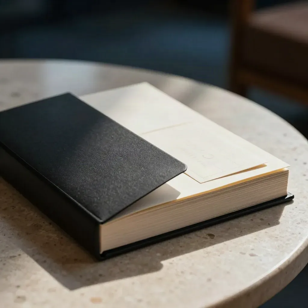 Coffret podcast noir avec livret crème sur table en travertin, ambiance premium.