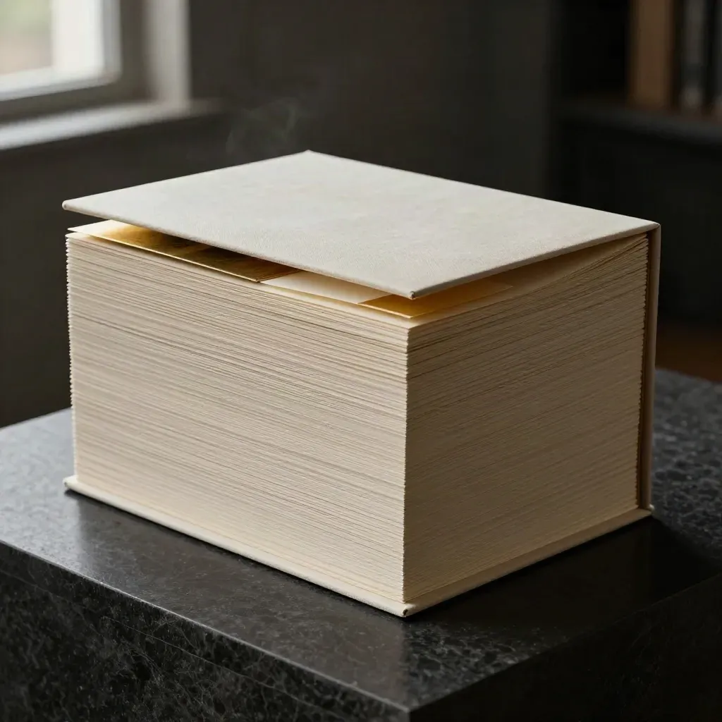 Coffret ivoire ouvert avec livret épais, cartes épaisses et accents dorés sur fond sombre.