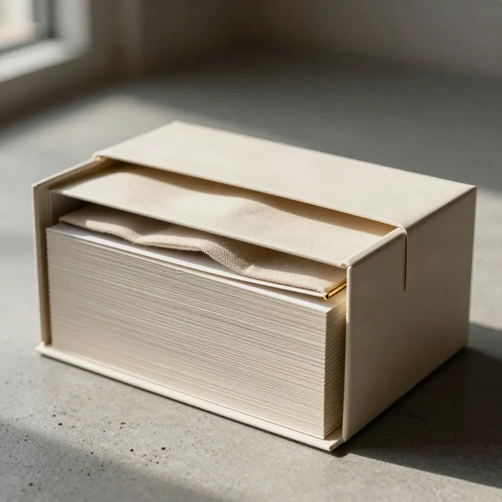 Boîte crème d’atelier conversion ouverte, cartes épaisses et pochette textile sur béton gris.