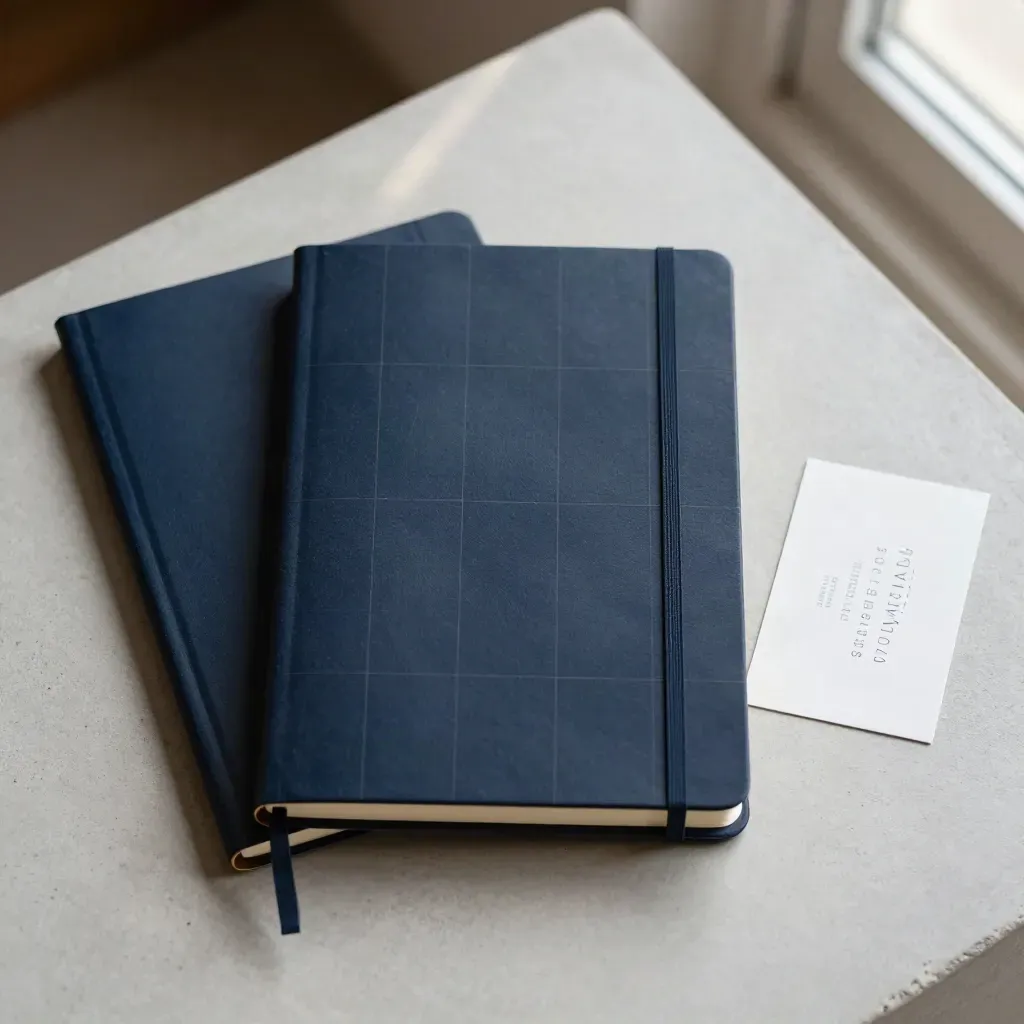Vue de dessus d’un carnet bleu nuit, un étui et une carte épaisse sur pierre claire.