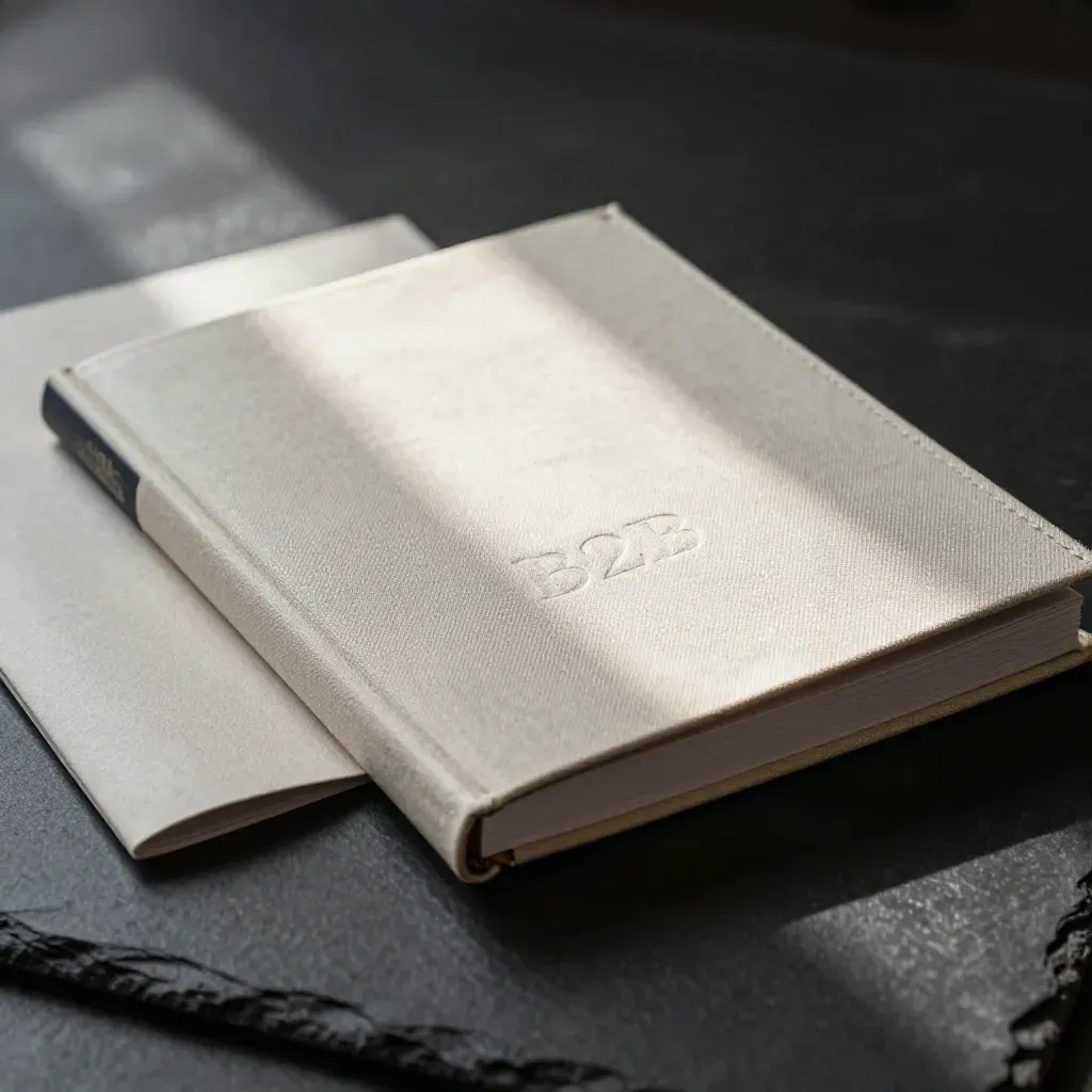 Guide B2B en cahier crème ouvert, tranche sombre et marque textile sur fond noir dramatique.