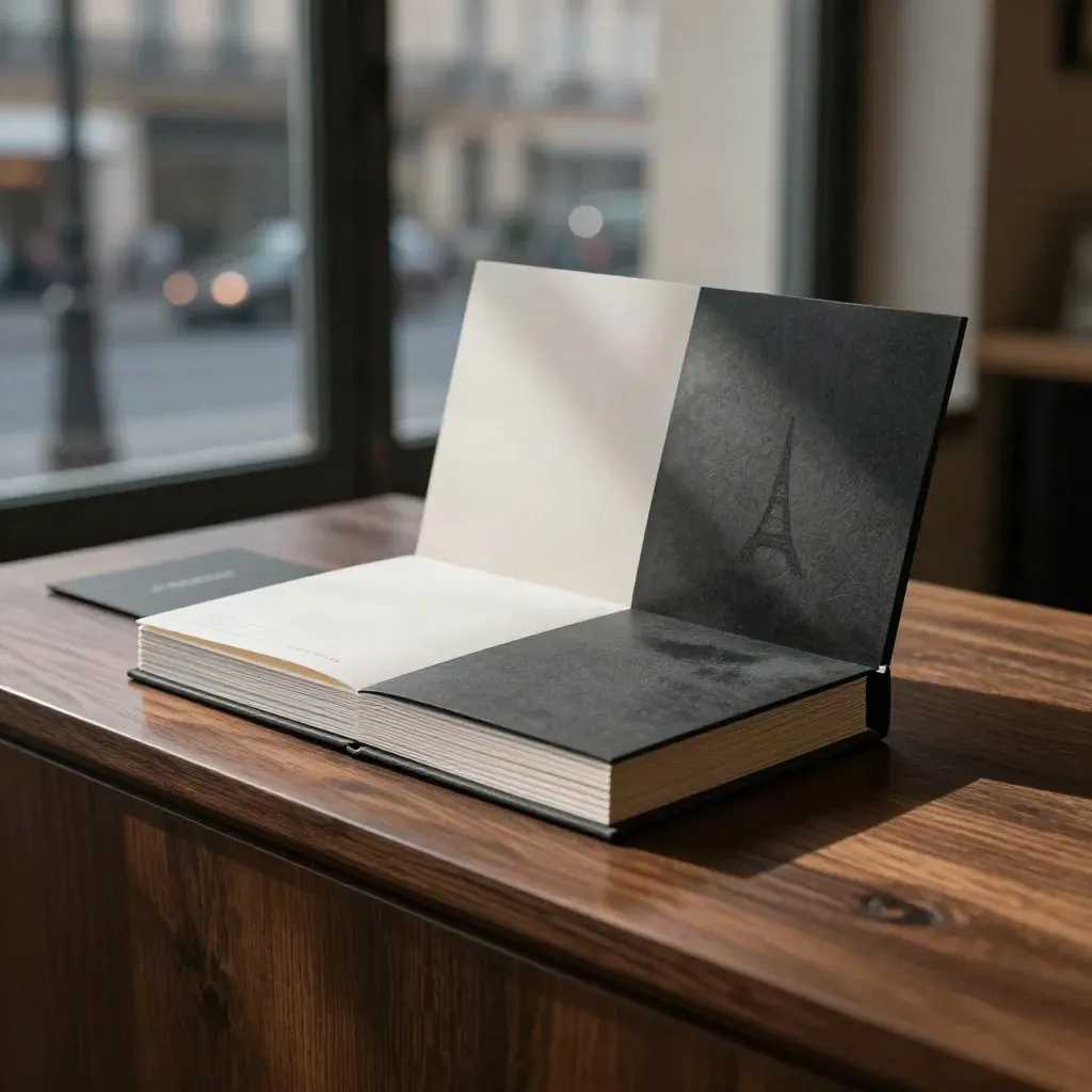 Coffret charbon de série croissance avec cartes photo et livret, sur console en bois sombre devant Paris flou.