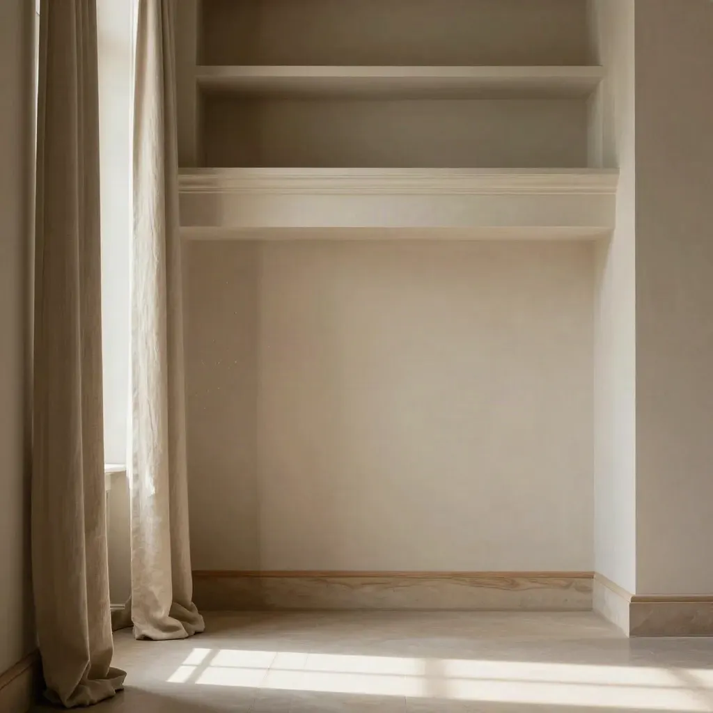 Intérieur parisien lumineux avec moulures, rideau de lin et espace calme pour le texte.