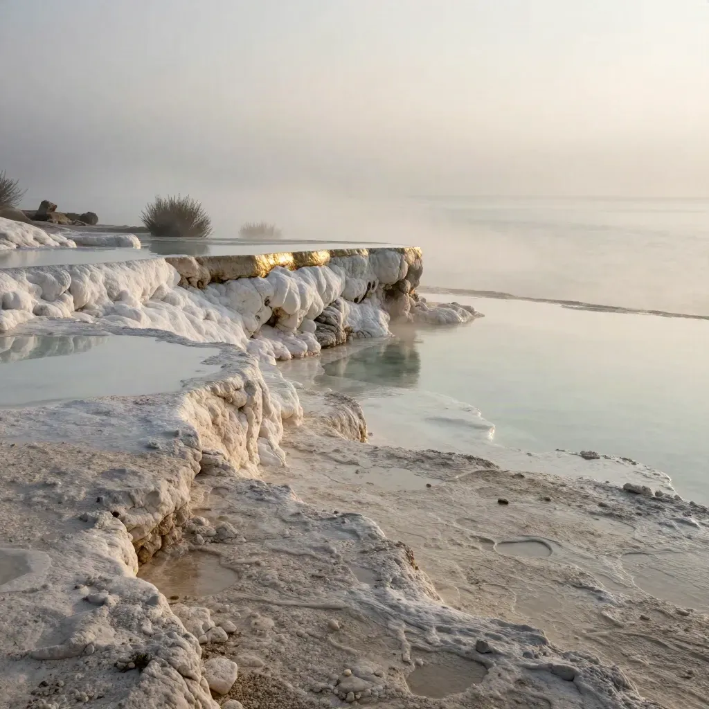 Terrasse minérale en bord de mer, horizon brumeux et plantes basses floues